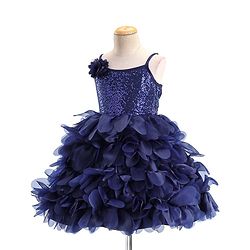 Babyhug Sleeveless 3D Petals Flare Flounce Party Frock with Floral Applique  - Navy Blue