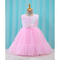Babyhug Sleeveless Sequinned Party Frock With Bow Applique- Pink