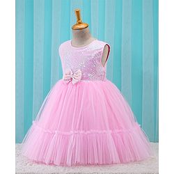 Babyhug Sleeveless Sequinned Party Frock With Bow Applique- Pink