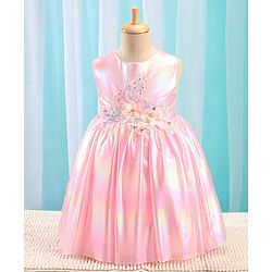 Babyhug Woven Sleeveless Metallic Party Frock with Floral Applique - Pink