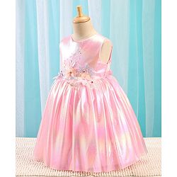 Babyhug Woven Sleeveless Metallic Party Frock with Floral Applique - Pink