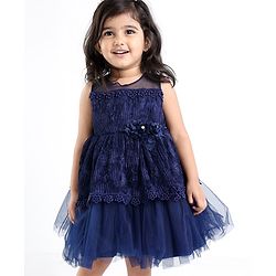 Babyhug Sleeveless Party Frock With Floral Applique - Navy Blue