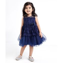 Babyhug Sleeveless Party Frock With Floral Applique - Navy Blue