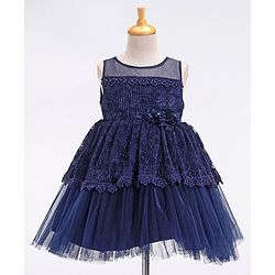 Babyhug Sleeveless Party Frock With Floral Applique - Navy Blue