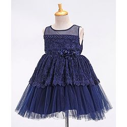 Babyhug Sleeveless Party Frock With Floral Applique - Navy Blue