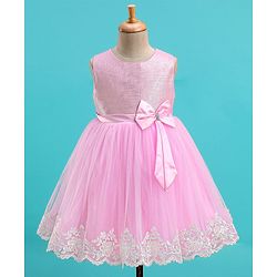 Babyhug Sleeveless Lace Scallop Party Frock With Bow Applique- Pink