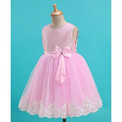 Babyhug Sleeveless Lace Scallop Party Frock With Bow Applique- Pink