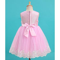 Babyhug Sleeveless Lace Scallop Party Frock With Bow Applique- Pink