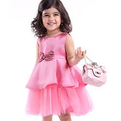 Babyhug Sleeveless Peplum Party Frock With Bow Applique - Dusty Pink