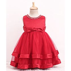 Babyhug Sleeveless Two Layered Mesh Party Frock With Bow Applique & Pearl Detailing- Red
