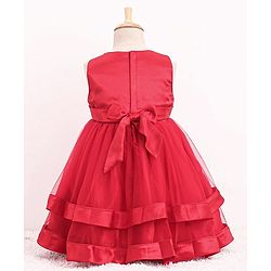 Babyhug Sleeveless Two Layered Mesh Party Frock With Bow Applique & Pearl Detailing- Red