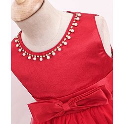 Babyhug Sleeveless Two Layered Mesh Party Frock With Bow Applique & Pearl Detailing- Red