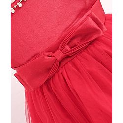 Babyhug Sleeveless Two Layered Mesh Party Frock With Bow Applique & Pearl Detailing- Red