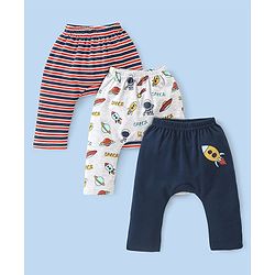Babyhug Cotton Interlock Knit Full Length Diaper Pant with Stripes & Space Ships Print Pack of 3 - Navy Red & White
