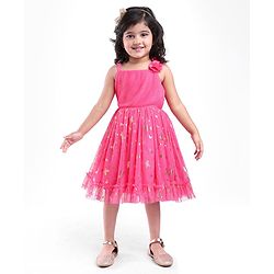 Babyhug Sleeveless Butterfly Foil Printed Party Frock with Floral Corsage - Magenta