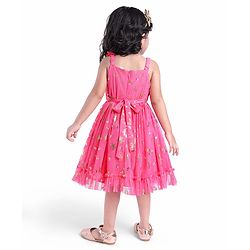 Babyhug Sleeveless Butterfly Foil Printed Party Frock with Floral Corsage - Magenta