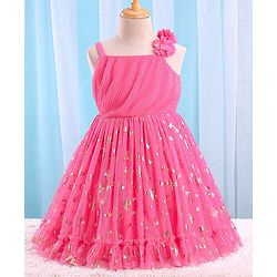 Babyhug Sleeveless Butterfly Foil Printed Party Frock with Floral Corsage - Magenta