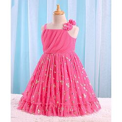 Babyhug Sleeveless Butterfly Foil Printed Party Frock with Floral Corsage - Magenta