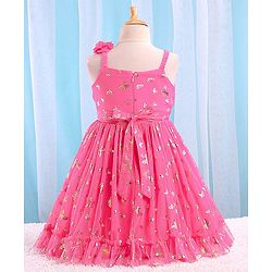 Babyhug Sleeveless Butterfly Foil Printed Party Frock with Floral Corsage - Magenta