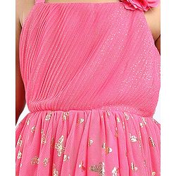 Babyhug Sleeveless Butterfly Foil Printed Party Frock with Floral Corsage - Magenta