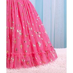 Babyhug Sleeveless Butterfly Foil Printed Party Frock with Floral Corsage - Magenta