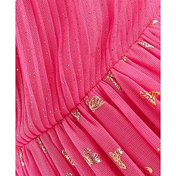 Babyhug Sleeveless Butterfly Foil Printed Party Frock with Floral Corsage - Magenta