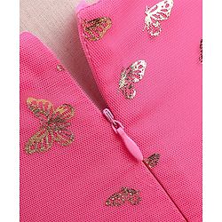 Babyhug Sleeveless Butterfly Foil Printed Party Frock with Floral Corsage - Magenta