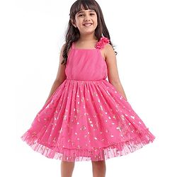 Babyhug Sleeveless Party Frock with Butterfly Foil Printed - Magenta