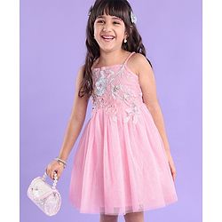 Babyhug Sleeveless Foil Printed with Embroidered Patch Party Frock - Light Pink