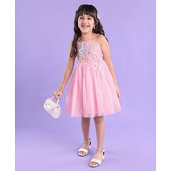Babyhug Sleeveless Foil Printed with Embroidered Patch Party Frock - Light Pink