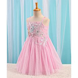 Babyhug Sleeveless Foil Printed with Embroidered Patch Party Frock - Light Pink