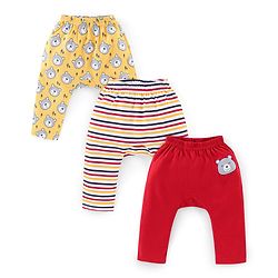 Babyhug Interlock Cotton Knit Full Length Diaper Pants Teddy Print Pack of 3 - Red & Yellow