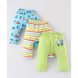 Babyhug Cotton Diaper Pants Striped & Car Print Pack of 3 - Blue & Green