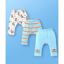 Babyhug Cotton Knit Full Length Diaper Pants Stripes & Tiger Print Pack Of 3 - White & Blue