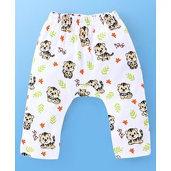 Babyhug Cotton Knit Full Length Diaper Pants Stripes & Tiger Print Pack Of 3 - White & Blue