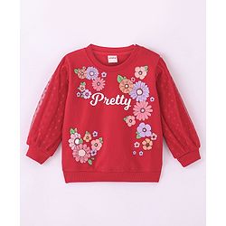 Babyhug Cotton Knit Full Balloon Sleeves Sweatshirt with Glitter & Mesh Detailing - Red