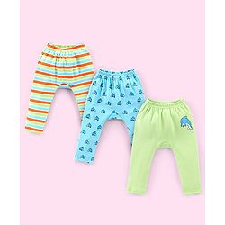 Babyhug Cotton Full Length Diaper Pants Stripes & Dolphin Print Pack of 3- Blue Green & Orange