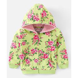 Babyhug Cotton Knit Full Sleeves Hooded Sweat Jacket With Frill Detailing & Floral Print - Green
