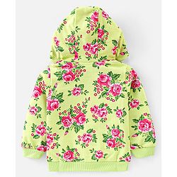 Babyhug Cotton Knit Full Sleeves Hooded Sweat Jacket With Frill Detailing & Floral Print - Green