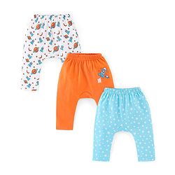 Babyhug Interlock Cotton Knit Full Length Diaper Pants Space Print Pack of 3 - Orange White & Blue