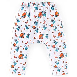 Babyhug Interlock Cotton Knit Full Length Diaper Pants Space Print Pack of 3 - Orange White & Blue