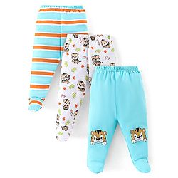 Babyhug Cotton Booties Pant Striped & Tiger Print Pack of 3 - Blue & White