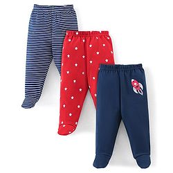 Babyhug Cotton Booties Pant Striped & Star Print Pack of 3 - Blue & Red