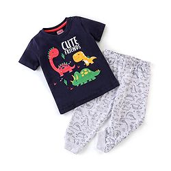 Babyhug Single Jersey Cotton Knit Half Sleeves Night Suit Dino Print - Navy Blue & White