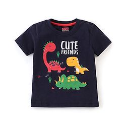Babyhug Single Jersey Cotton Knit Half Sleeves Night Suit Dino Print - Navy Blue & White