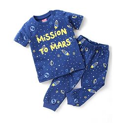 Babyhug Cotton Half Sleeves Night Suit Mission to Mars Print - Blue
