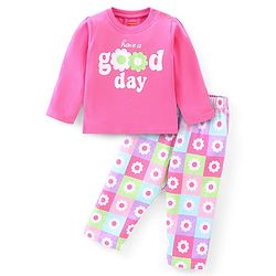 Babyhug Single Jersey Full Sleeves Night Suit Text & Floral Print - Pink & White