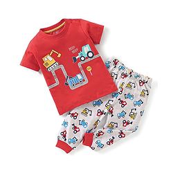 Babyhug Cotton Half Sleeves Night Suit Truck Print- Red & White