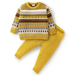 Babyhug Full Sleeves Baby Sweater Set Chevron Design - Mustard