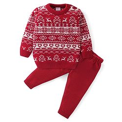 Babyhug Full Sleeves Christmas Theme Design Sweater Set - Red